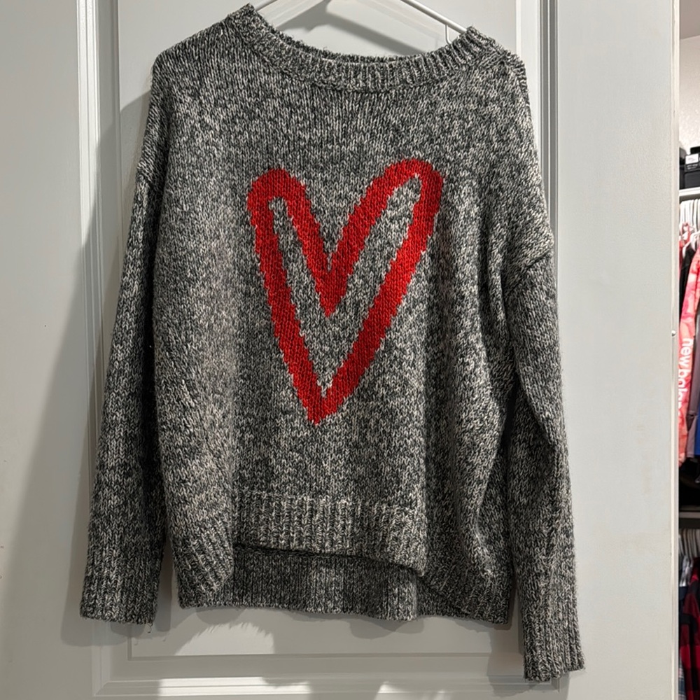LOFT Cozy Gray and Red Heart Crew Neck Sweater